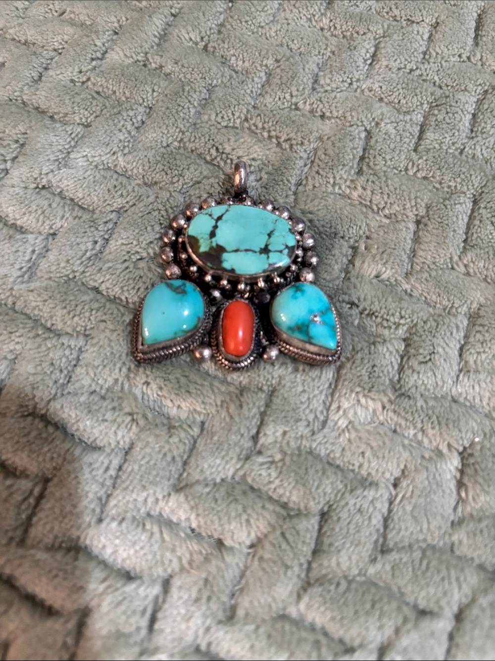 Turquoise and Coral Sterling-Style Pendant  - Women's Jewelry